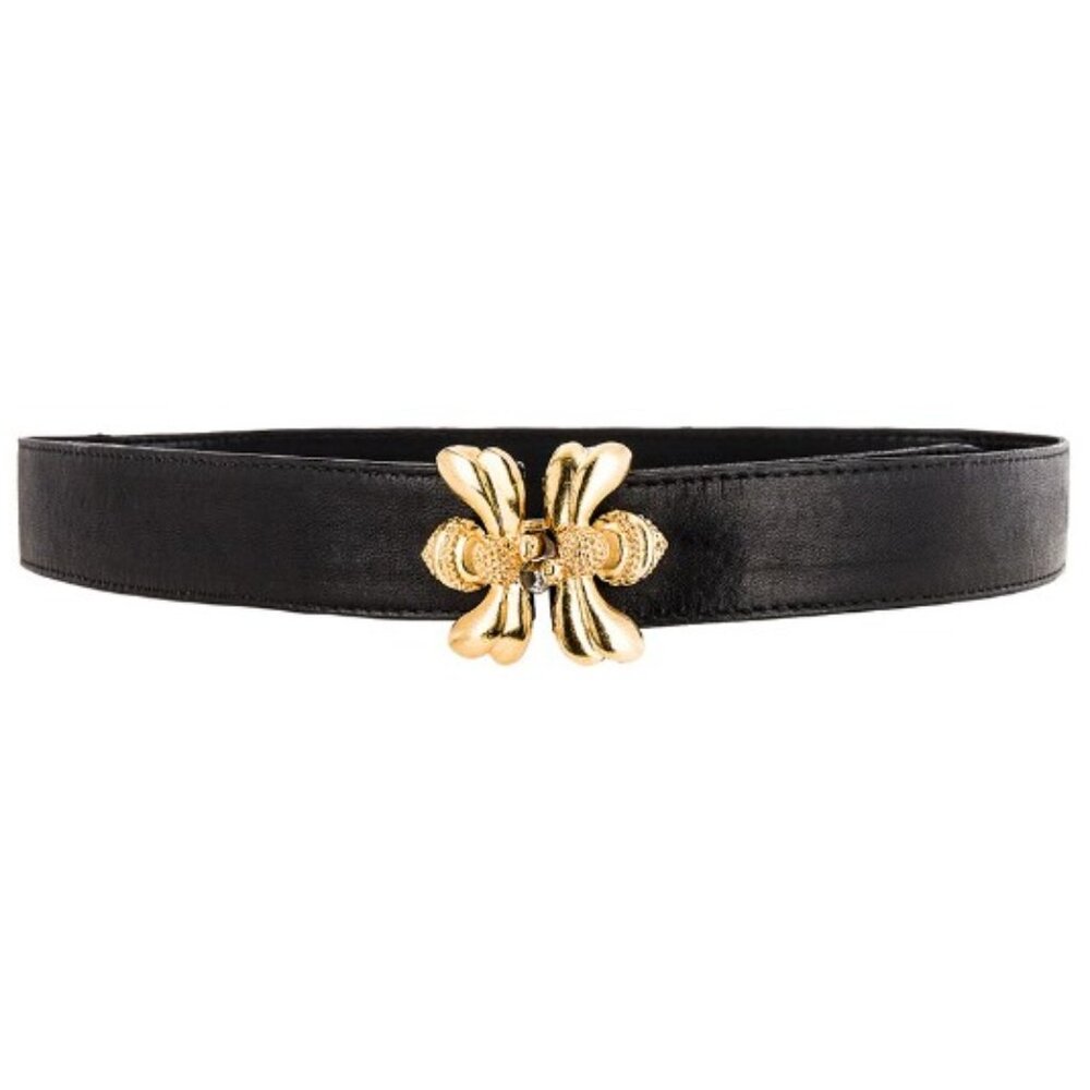 Raina Honey Bees Belt - Adjustable Black Leather Belt with Gold Bee Buckle